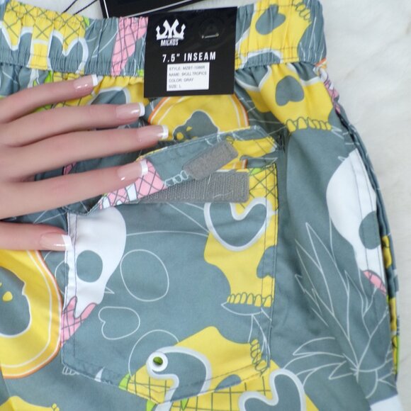 Micros Skull Pineapple Avocado Ice Cream Swim Trunks, Mesh Pockets Drawstring - Picture 3 of 11